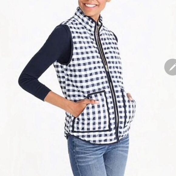 NWT J Crew Gingham Blue White Check Full Zip Puffer Down Vest Quilted SZ Medium - Picture 1 of 9